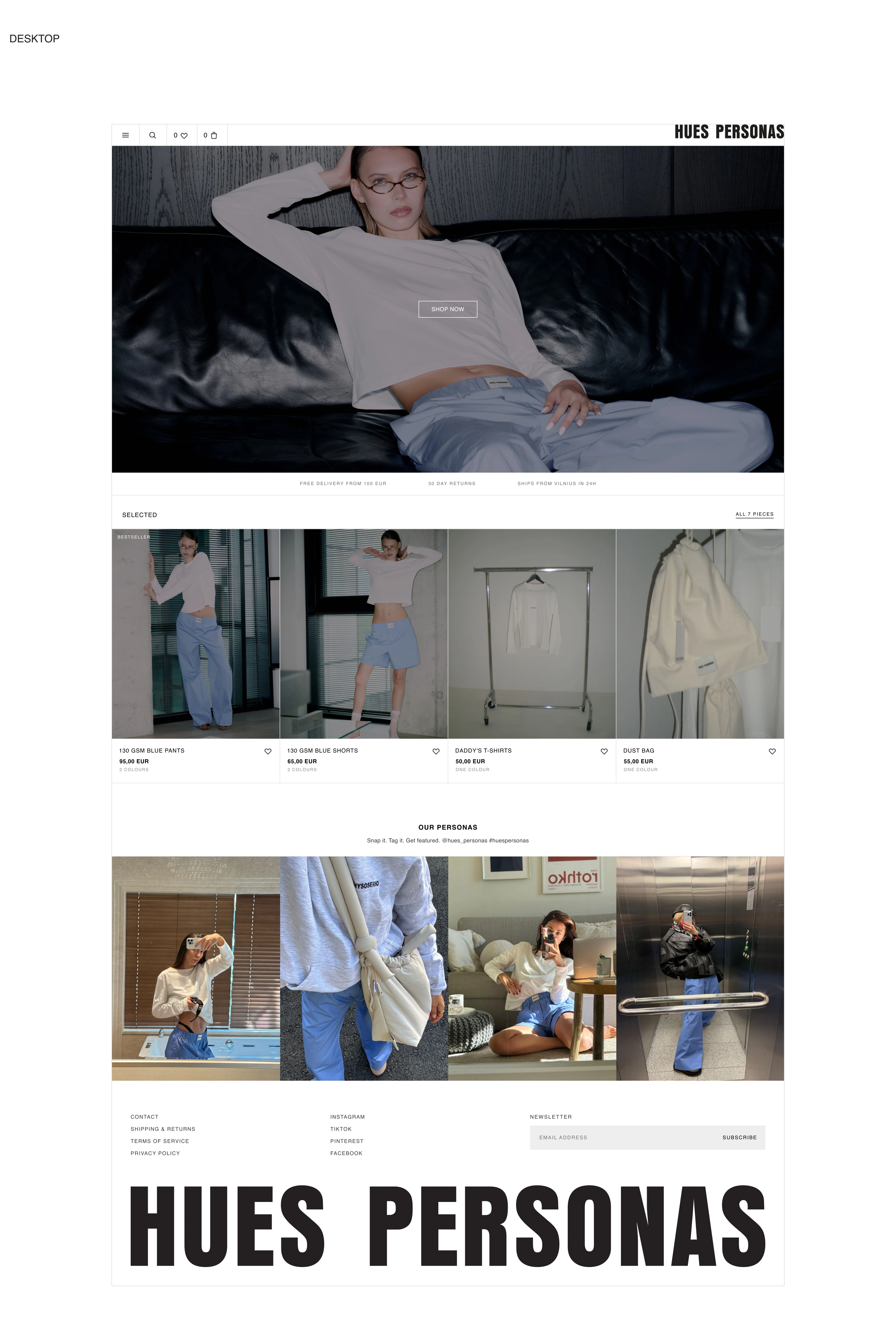 Desktop homepage redesign featuring a full-width campaign image, selected products, community photography and the Hues Personas wordmark.