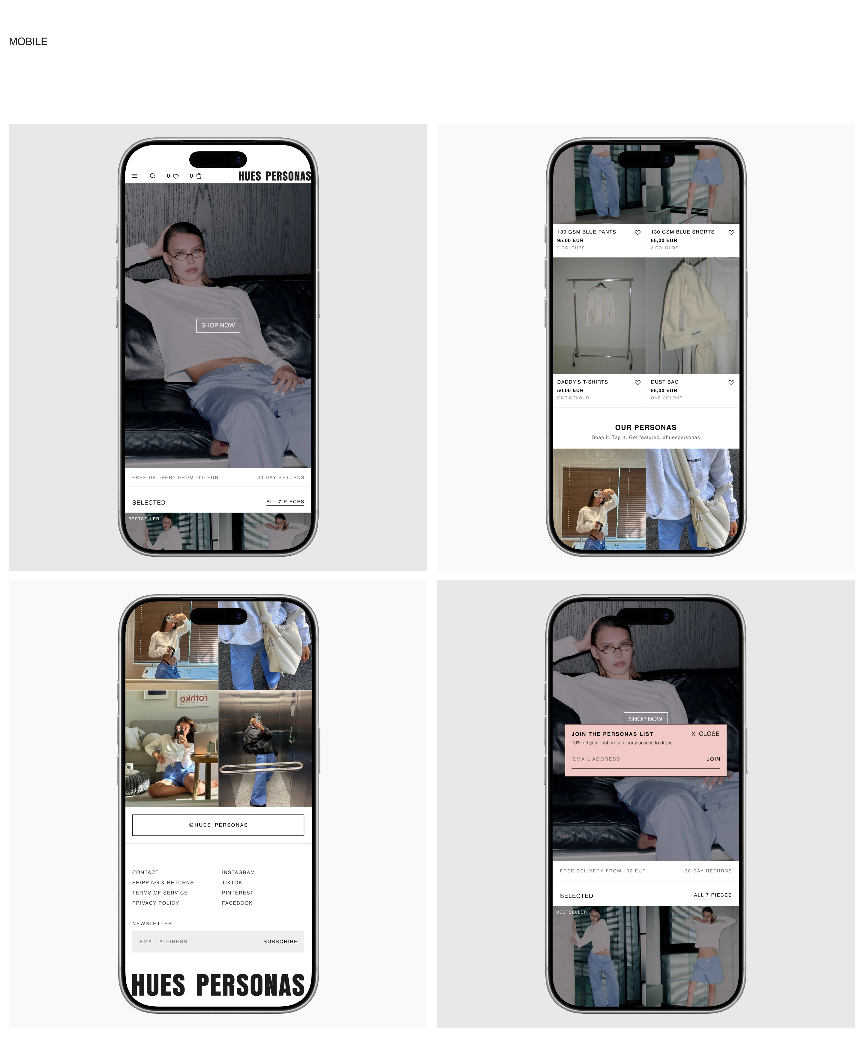 Four mobile homepage views showing the campaign, product grid, community section and newsletter signup.