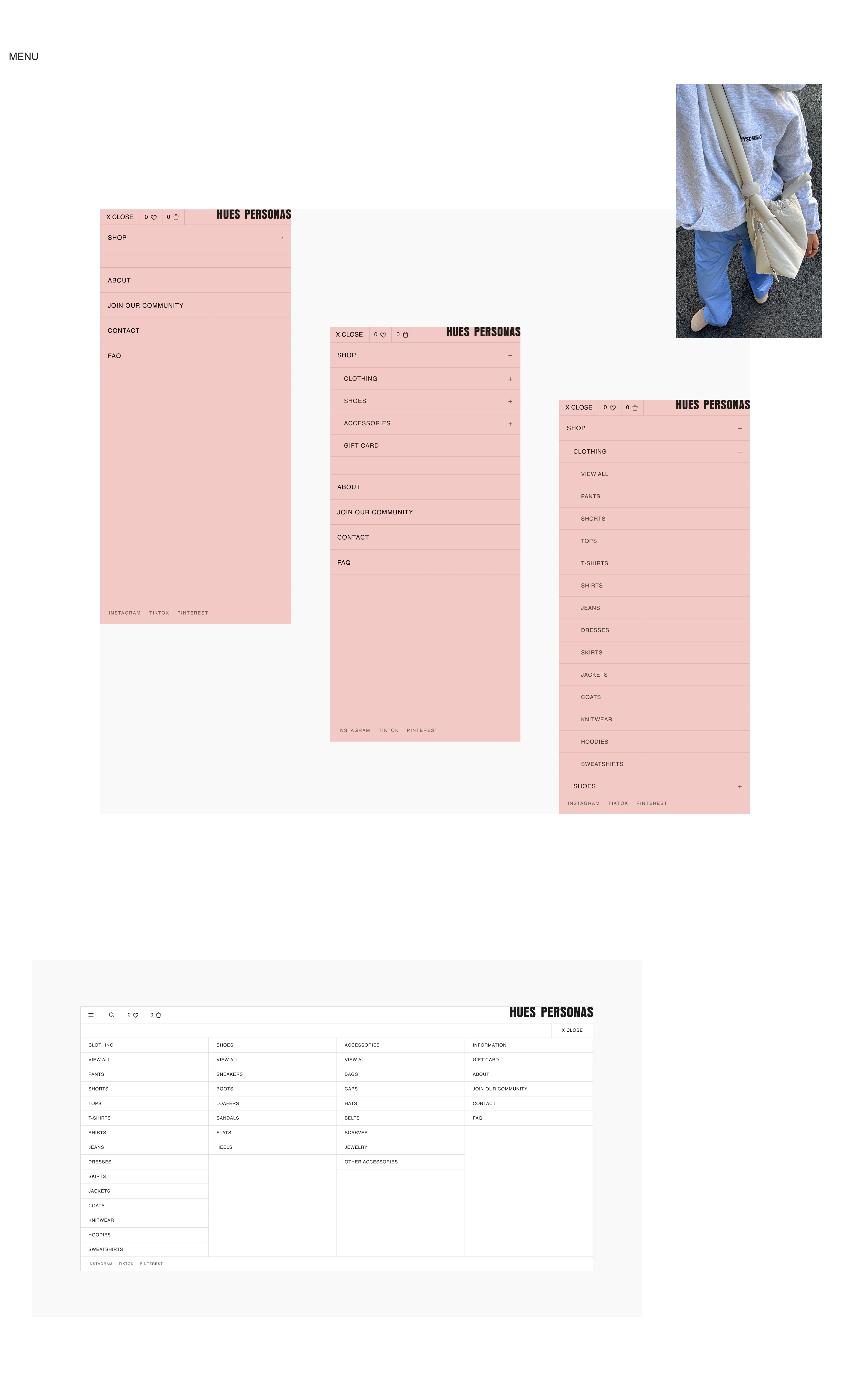 Navigation design: pink mobile menus with expanding clothing categories and a desktop multi-column menu.