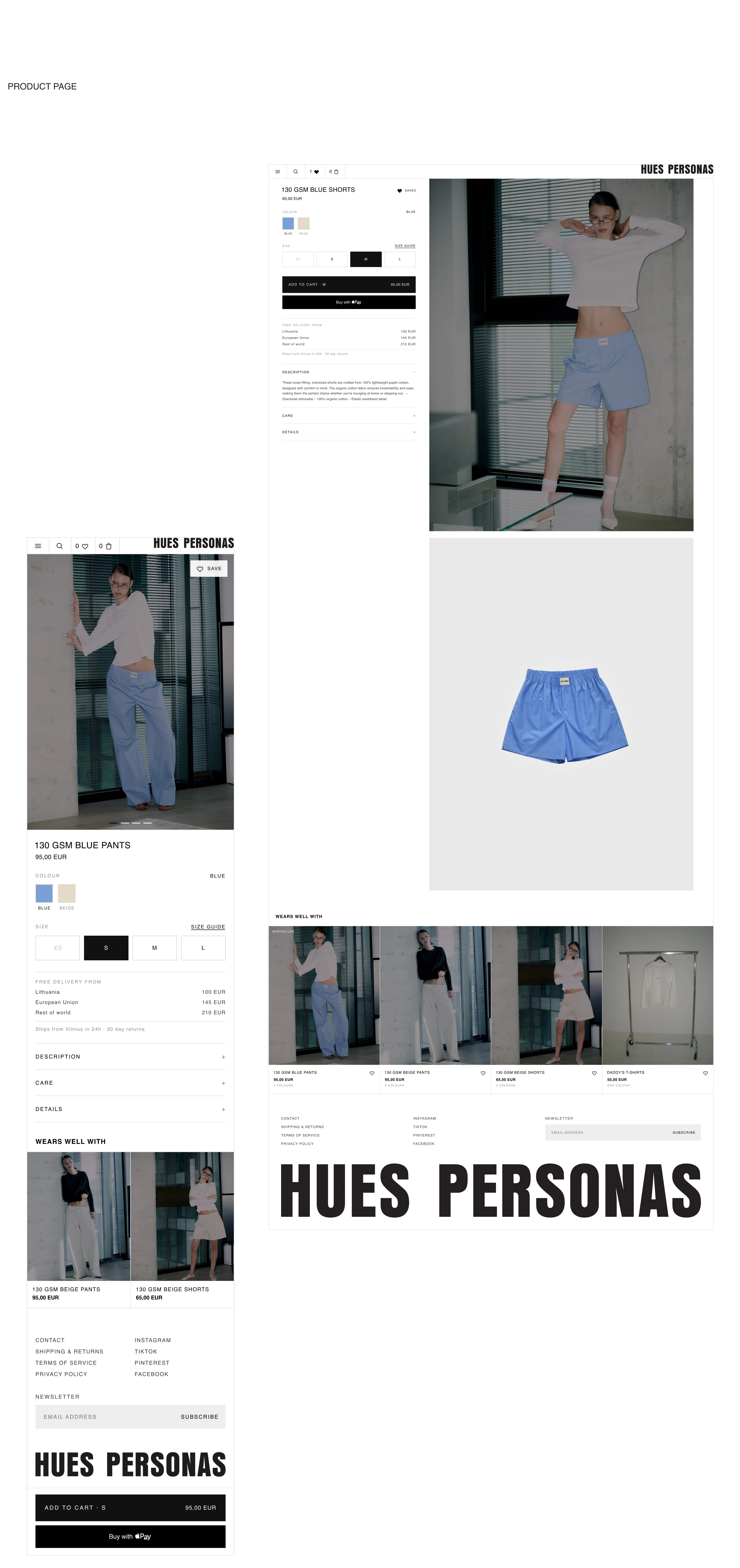 Desktop and mobile product pages with photography, colour and size selection, shipping details, product information and related pieces.