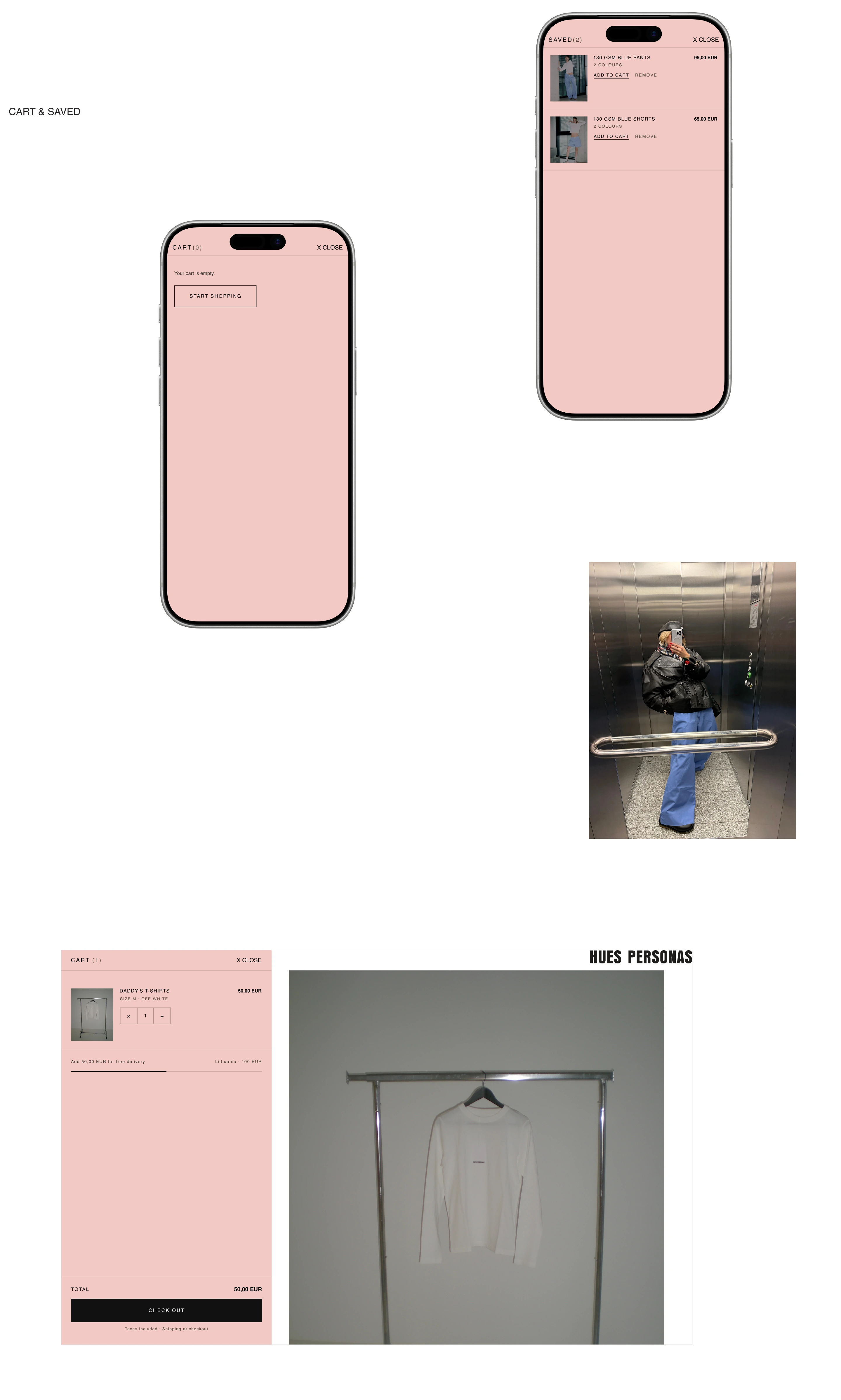Pink mobile cart and saved-item panels, and a desktop cart with quantity controls and checkout.