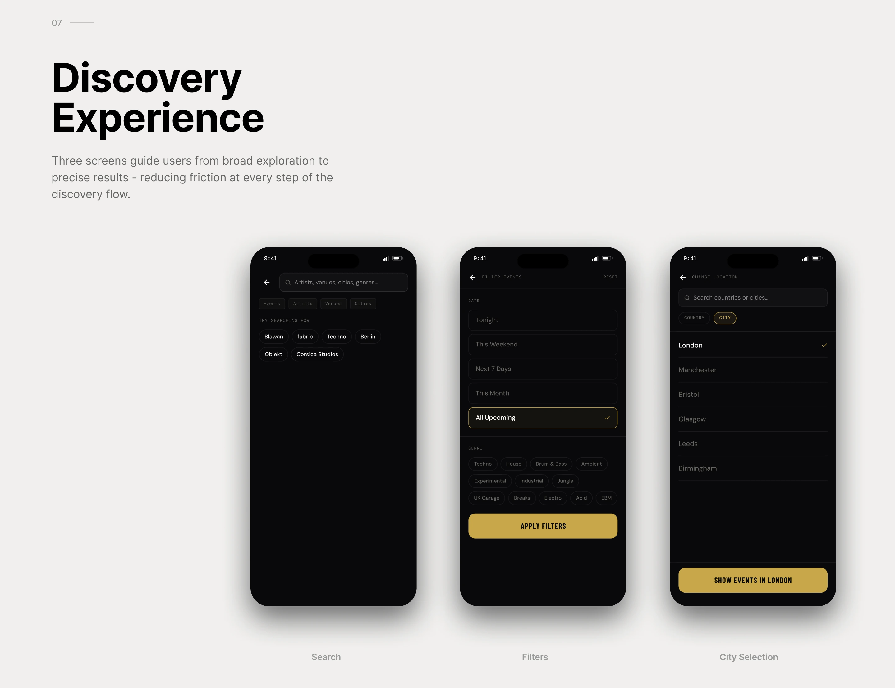 Discovery Experience: three phone screens showing search, event filters and city selection, guiding users from broad exploration to precise results.
