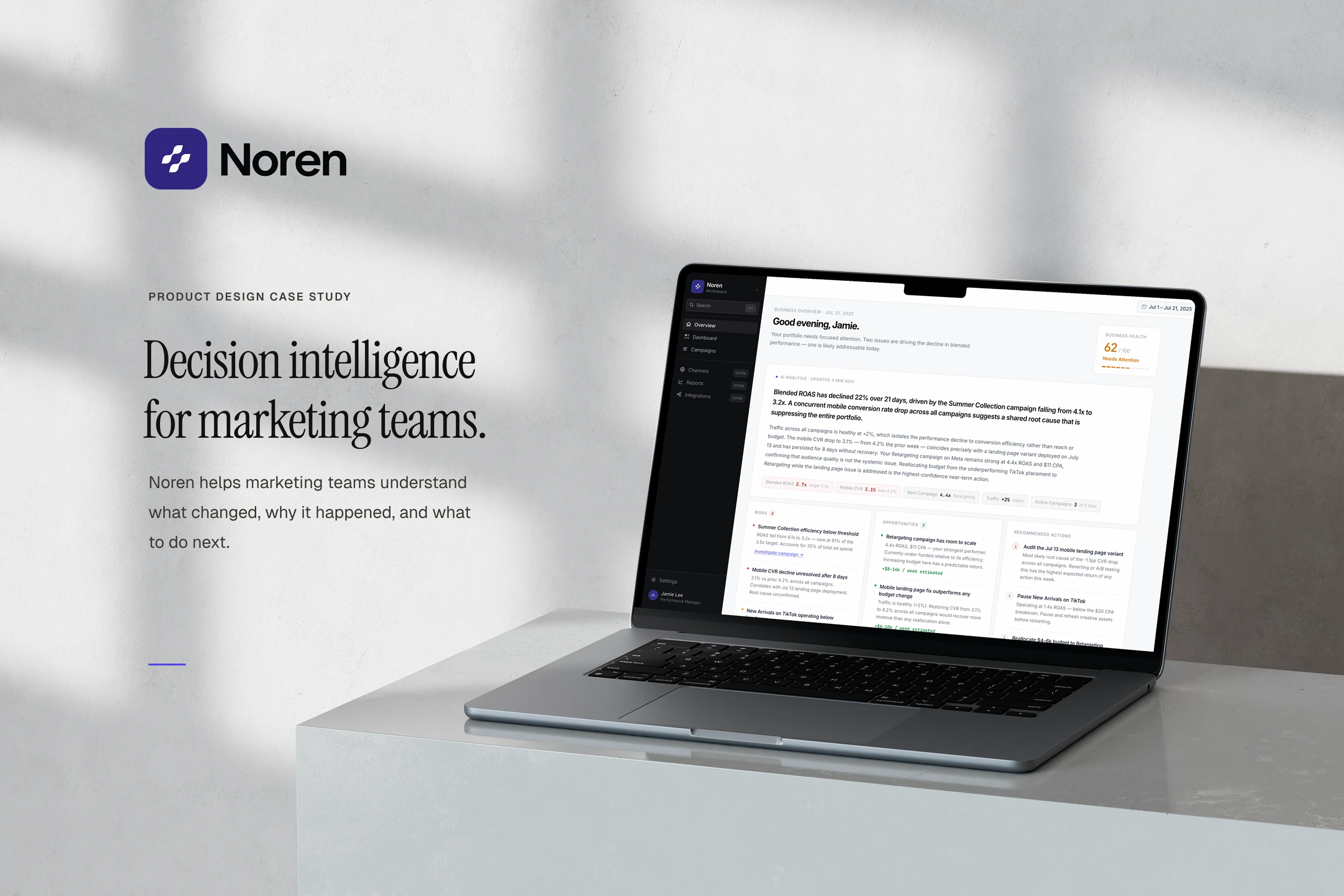 Noren. Decision intelligence for marketing teams. Product design case study cover showing the Noren brand and executive overview on a laptop.
