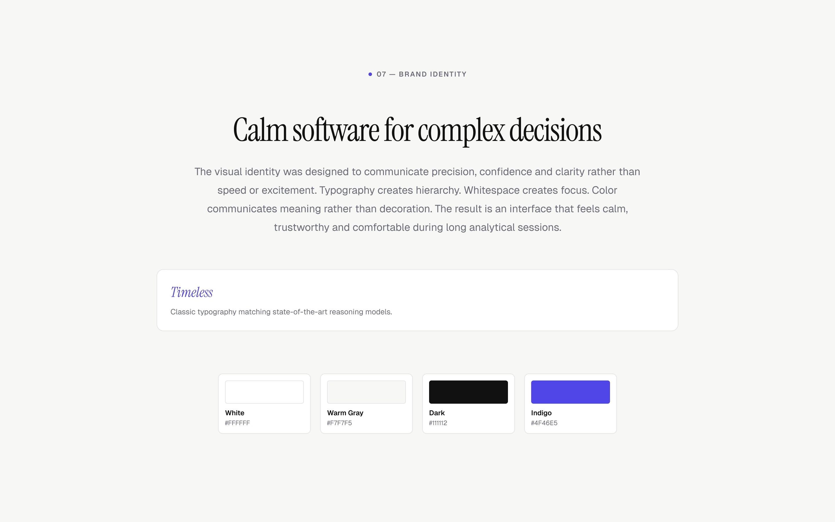 Brand Identity: calm software for complex decisions, with timeless typography and a palette of white, warm gray, dark and indigo.