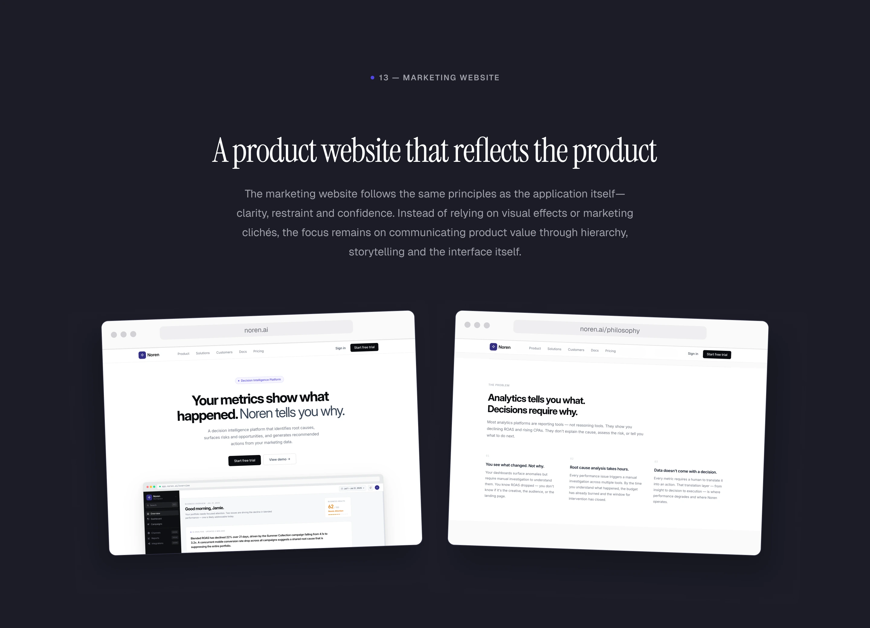 Marketing Website: two Noren website views communicating product value through clear hierarchy, storytelling and the product interface.